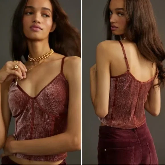 Anthro Blue Tassel Corset Seamed Cami Top Crushed Velvet Spaghetti Straps Large - Picture 12 of 12